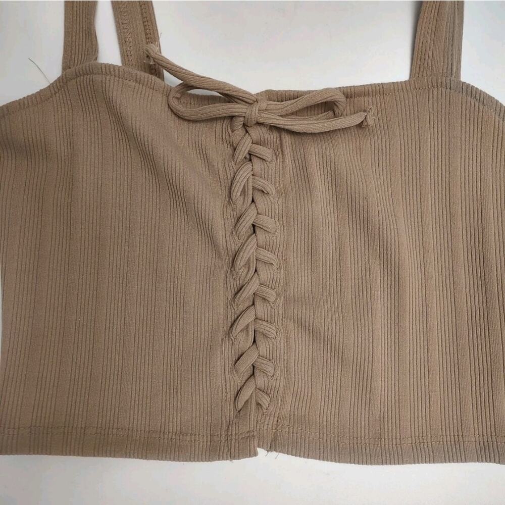 Women's Ribbed Lace-up Front Crop Top Cami/Bustier Sz Large Brown by Forever 21 - Picture 3 of 8